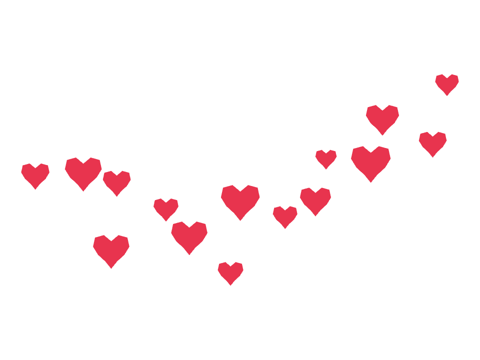 Red hearts drawn along a curved stroke