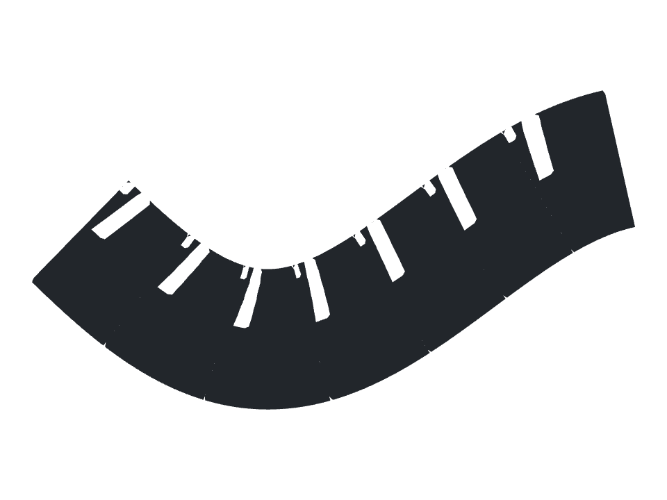Tyre tread drawn along a curved stroke