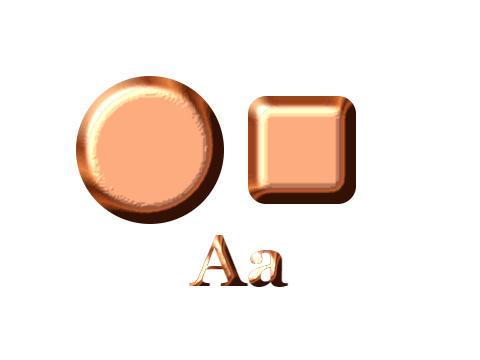 Copper Penny applied to a circle, a square and the letters Aa